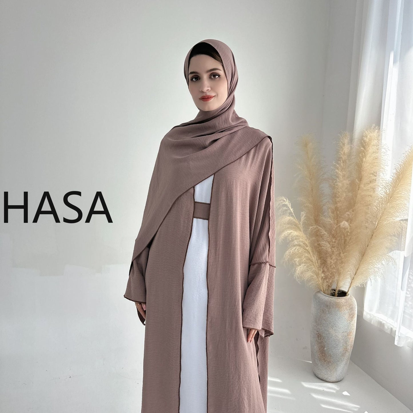 HASA HA1246H 2 PCS SET Crepe Solid Color Loose Hem Cardigan Robe with Hijab