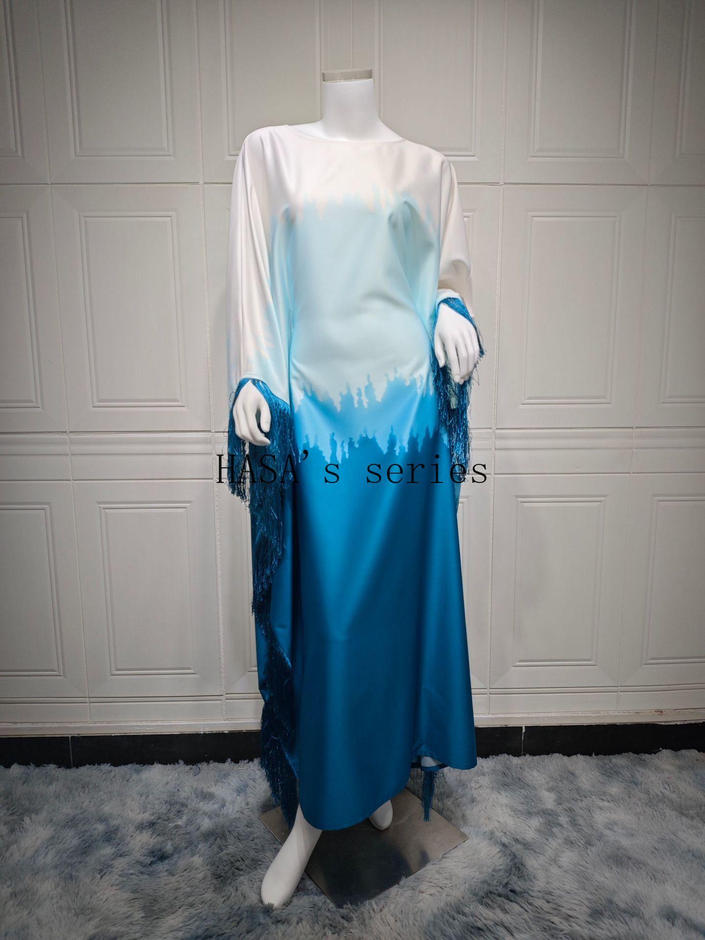 HS5095 Romantic Gradient Fringed Robe, Elegant Printed Long Dress