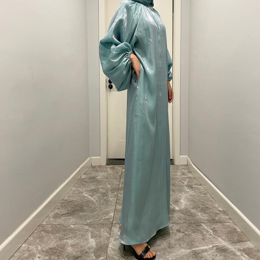 HAYA10043 HAYA  Large Lantern Sleeves Long Bright Silk Dress Stand Up Collar Back Tie Women's Dress Abaya