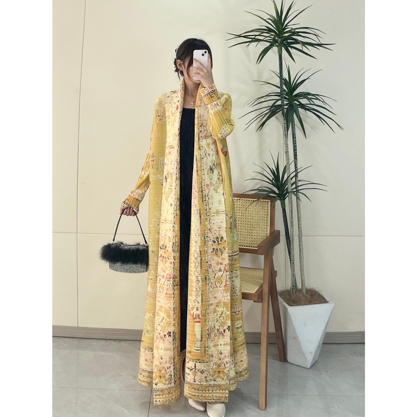 HS5843 Retro Warm Yellow Floral Textured Open-front Long Coat