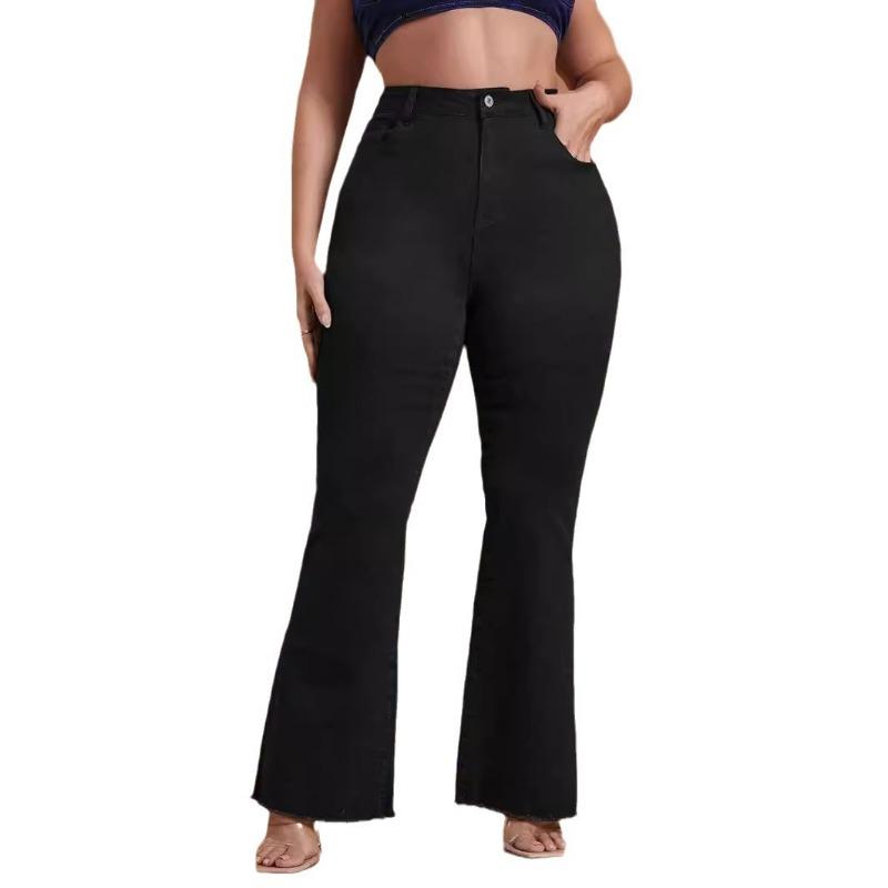 HS2331 Plus Size Black Stretchy Frayed-hem Wide-leg Flare Jeans