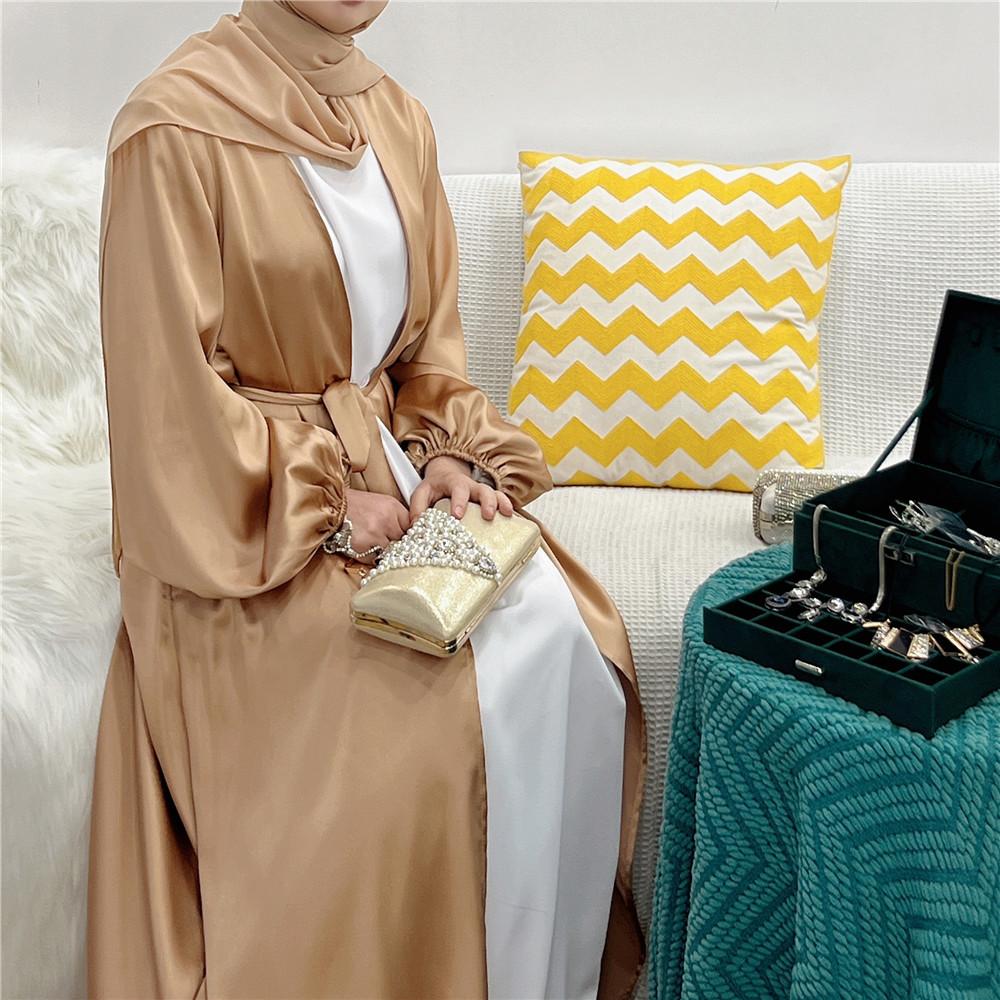 HAYA0481 Solid Color Satin Coat Robe Open Abaya