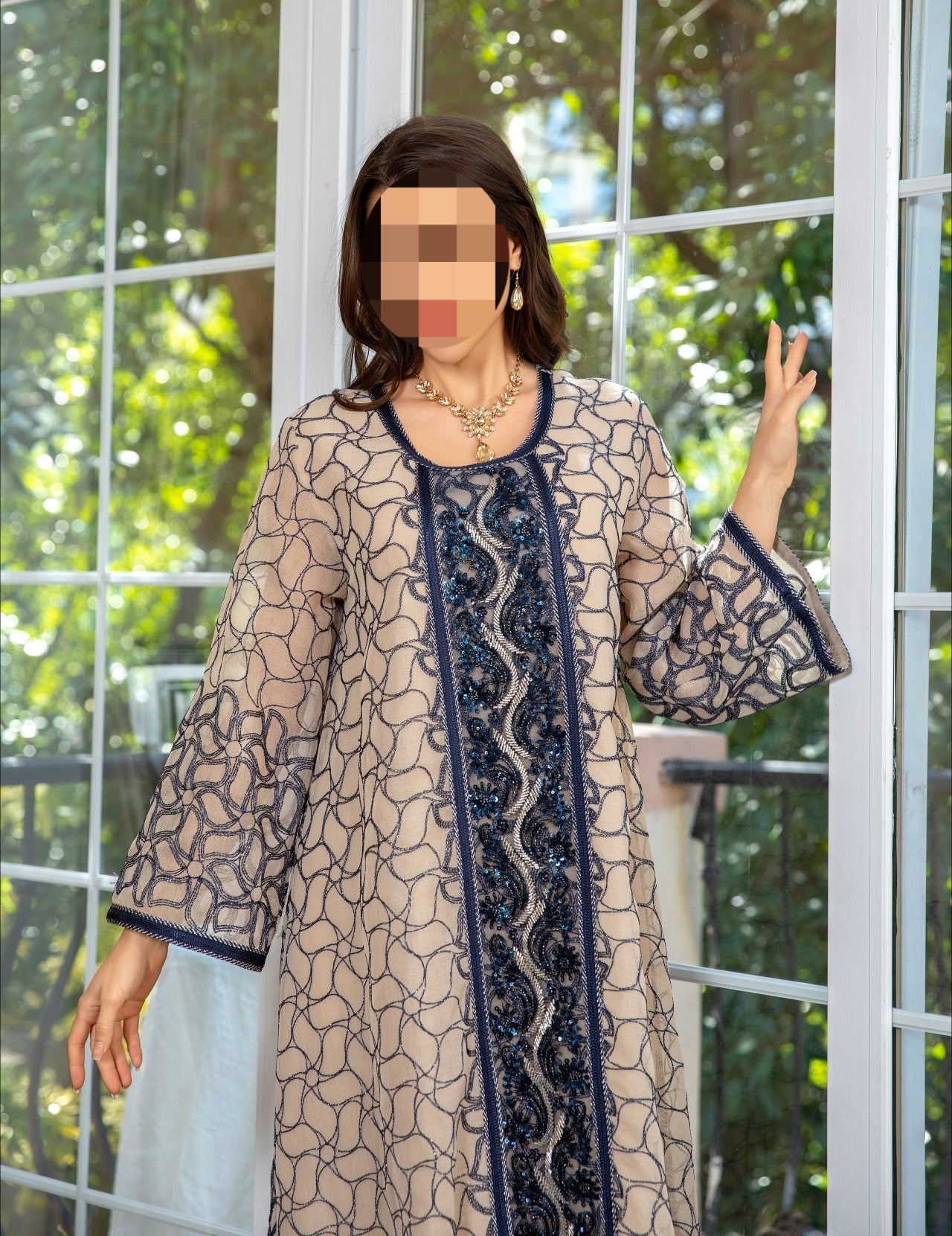 HA6668 A Simple and Elegant Long Dress Adorned with Mesh Embroidery.