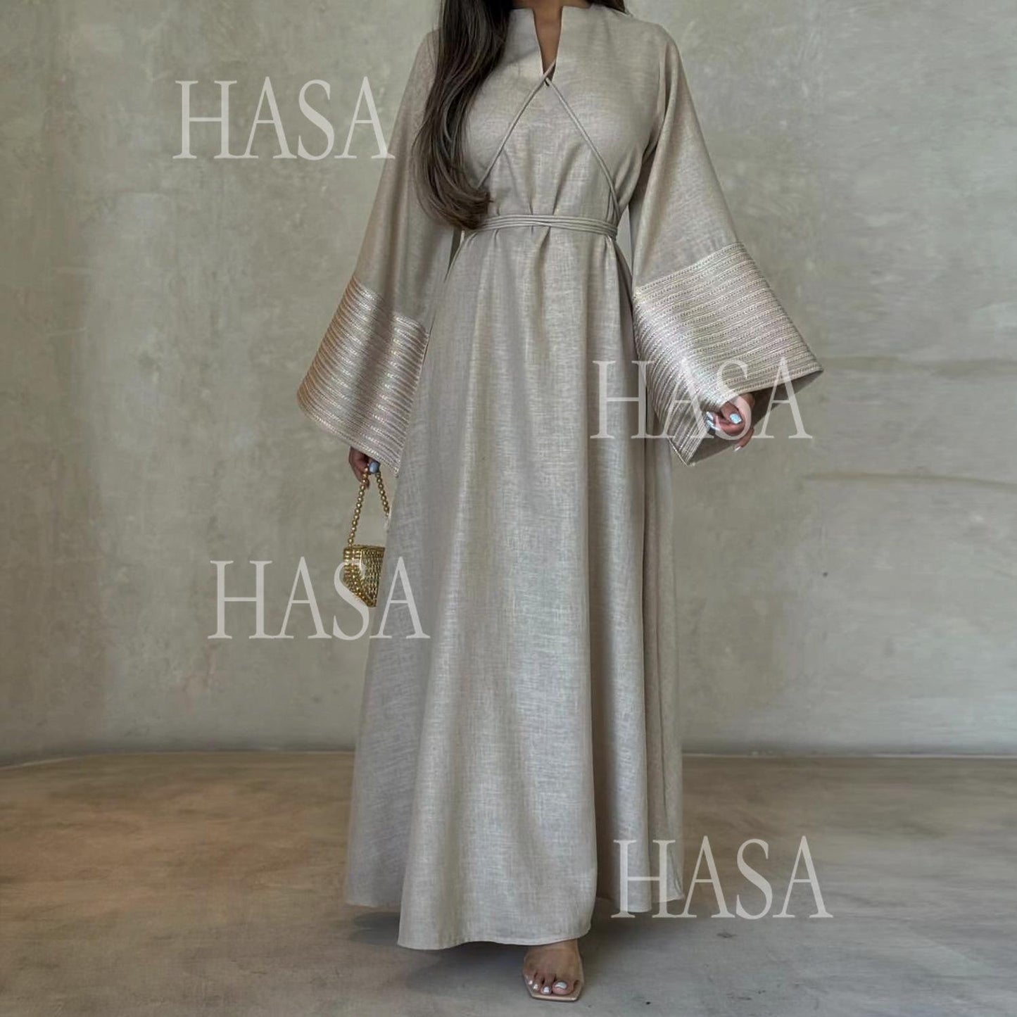 HA6490 Embroidered Panel Sleeve Long Dress