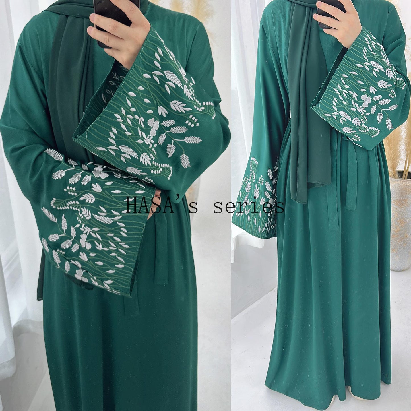 HS4832 A Long Robe with Leaf-patterned Embroidery, Showcasing Subtle Yet Exquisite Texture.