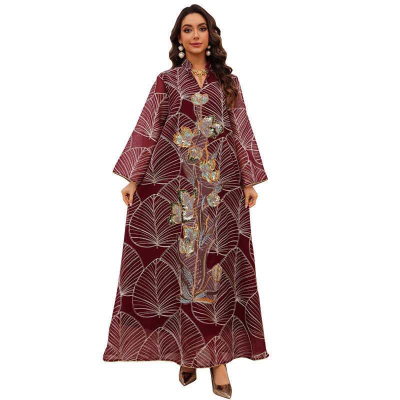 HA6657 Women's Long Robe Dress with Mesh Embroidery