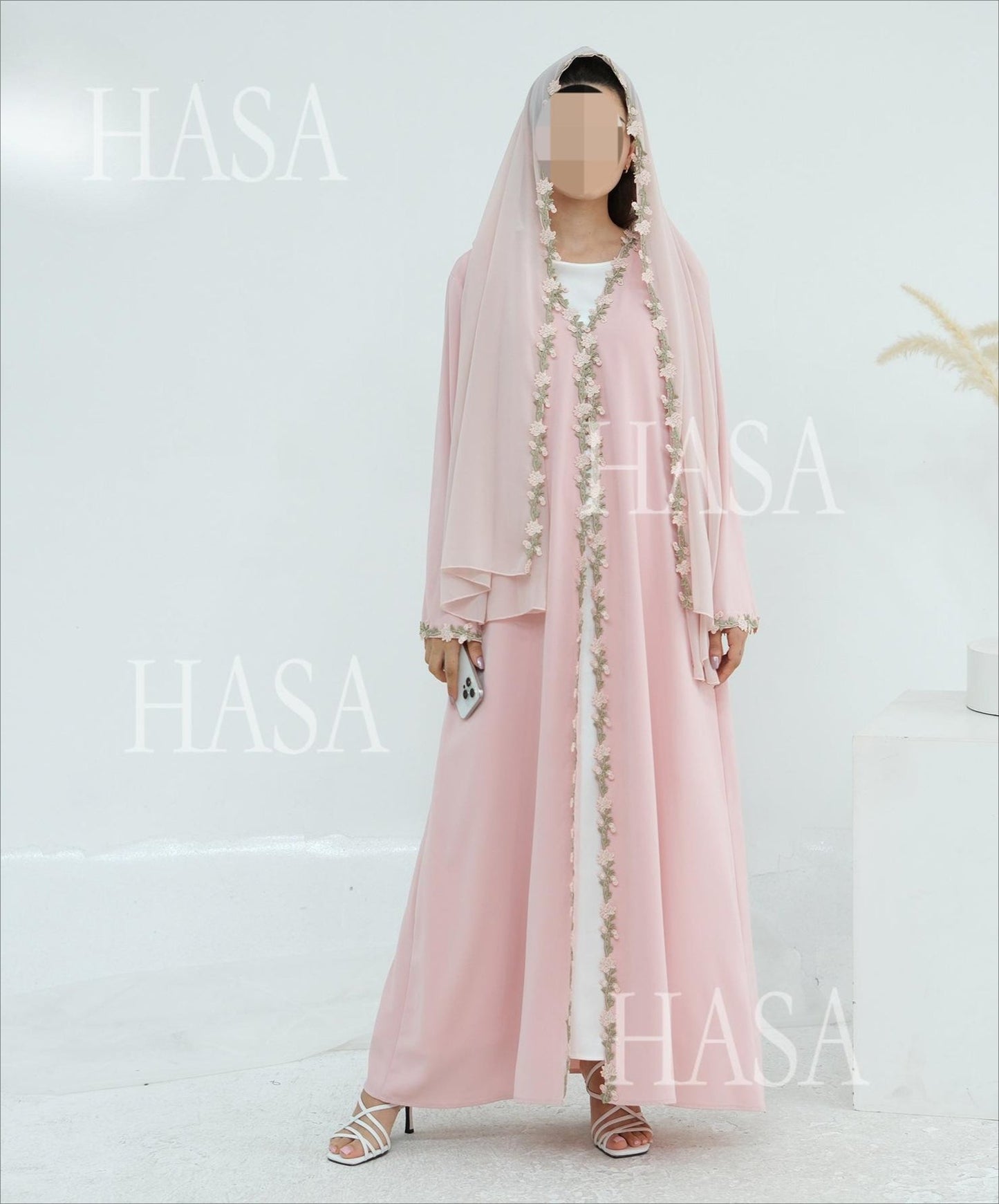 HA6618 Pink Flower Stitching Cardigan Two-Piece Set (Including Headscarf)