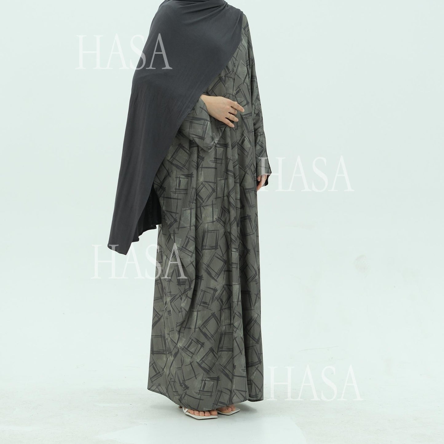 HA6504 Grey geometric print long cardigan Abaya (headscarf not included)