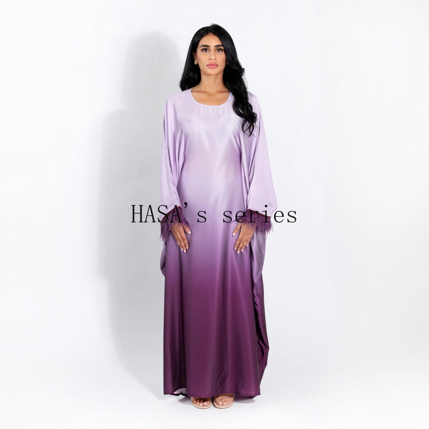 HS5111 Gradient-colored Fringed Long Dress, Romantic Dress with Batwing Sleeves.