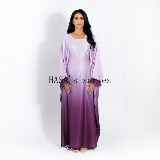 HS5111 Gradient-colored Fringed Long Dress, Romantic Dress with Batwing Sleeves.