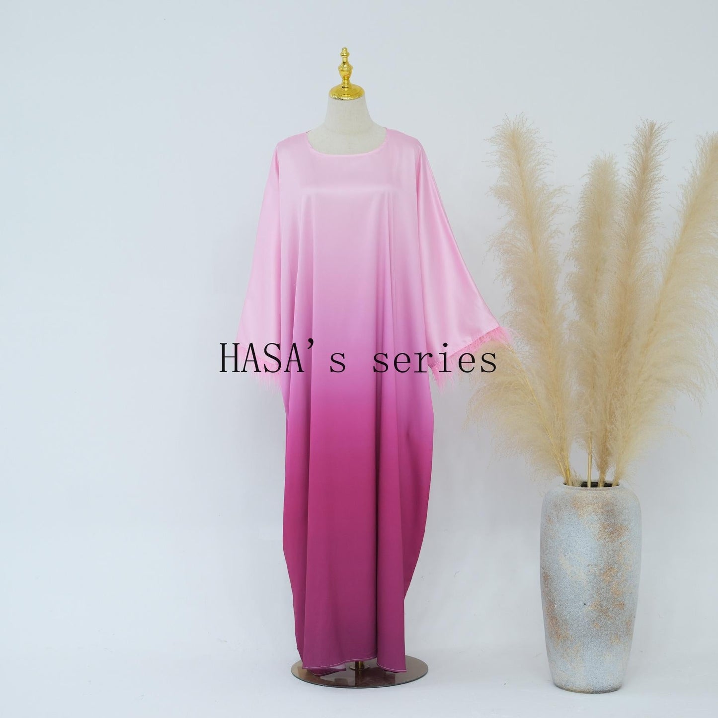 HS5111 Gradient-colored Fringed Long Dress, Romantic Dress with Batwing Sleeves.