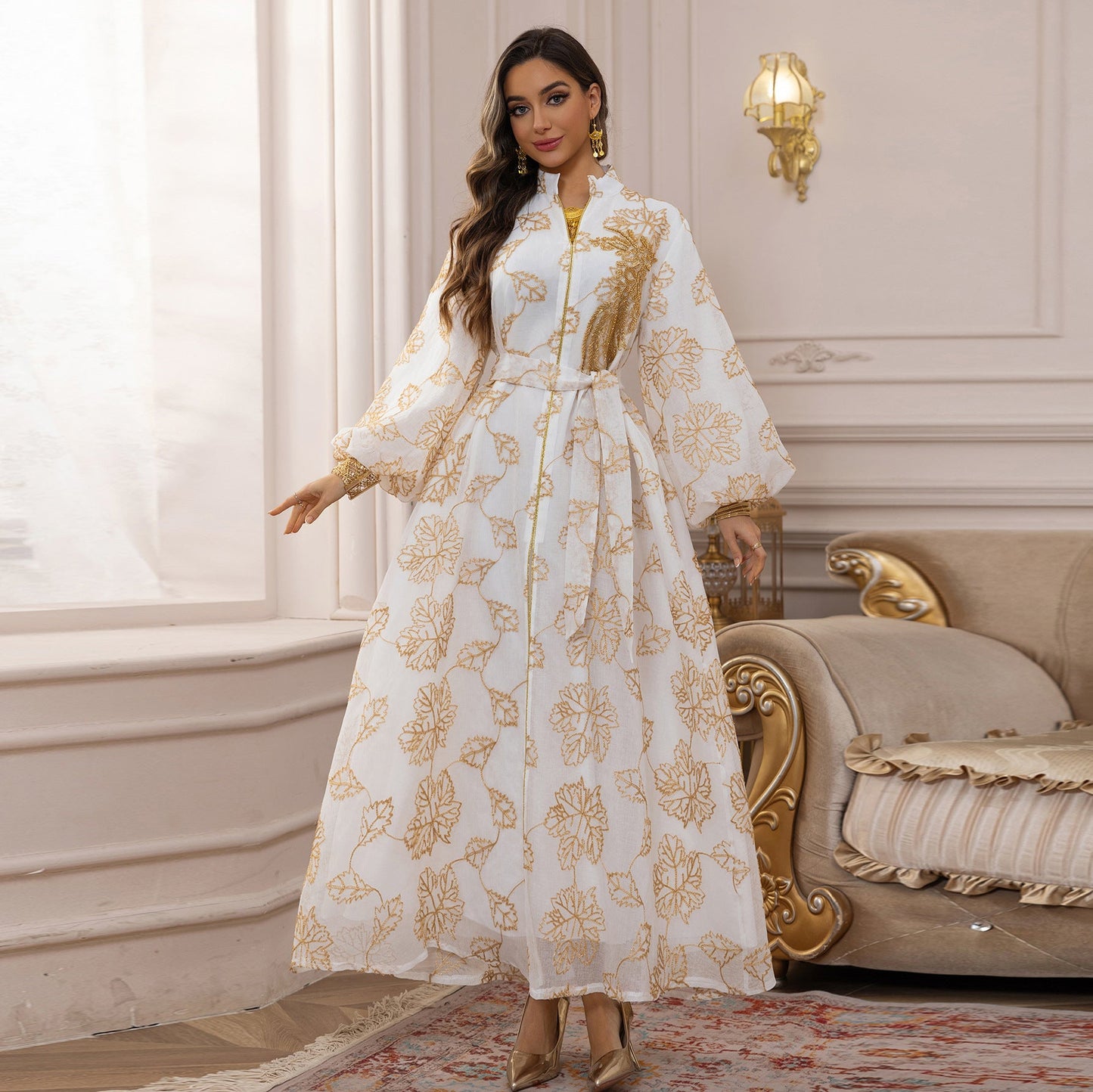 HA6651  Floral Print Long Dress, Elegant Stand-up Collar Evening Gown