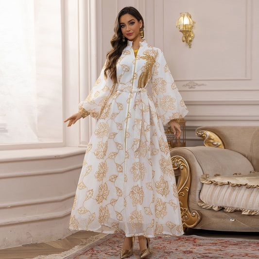 HA6651  Floral Print Long Dress, Elegant Stand-up Collar Evening Gown