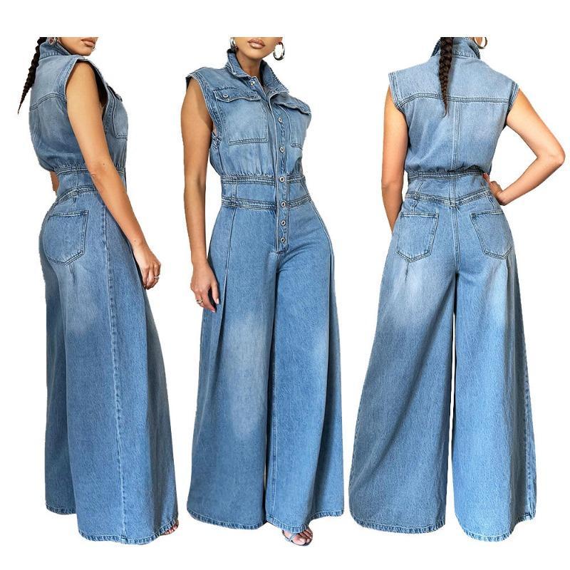 HASASERIES HS6399 Women's New Casual Sleeveless Denim Jumpsuit with Wide Legs