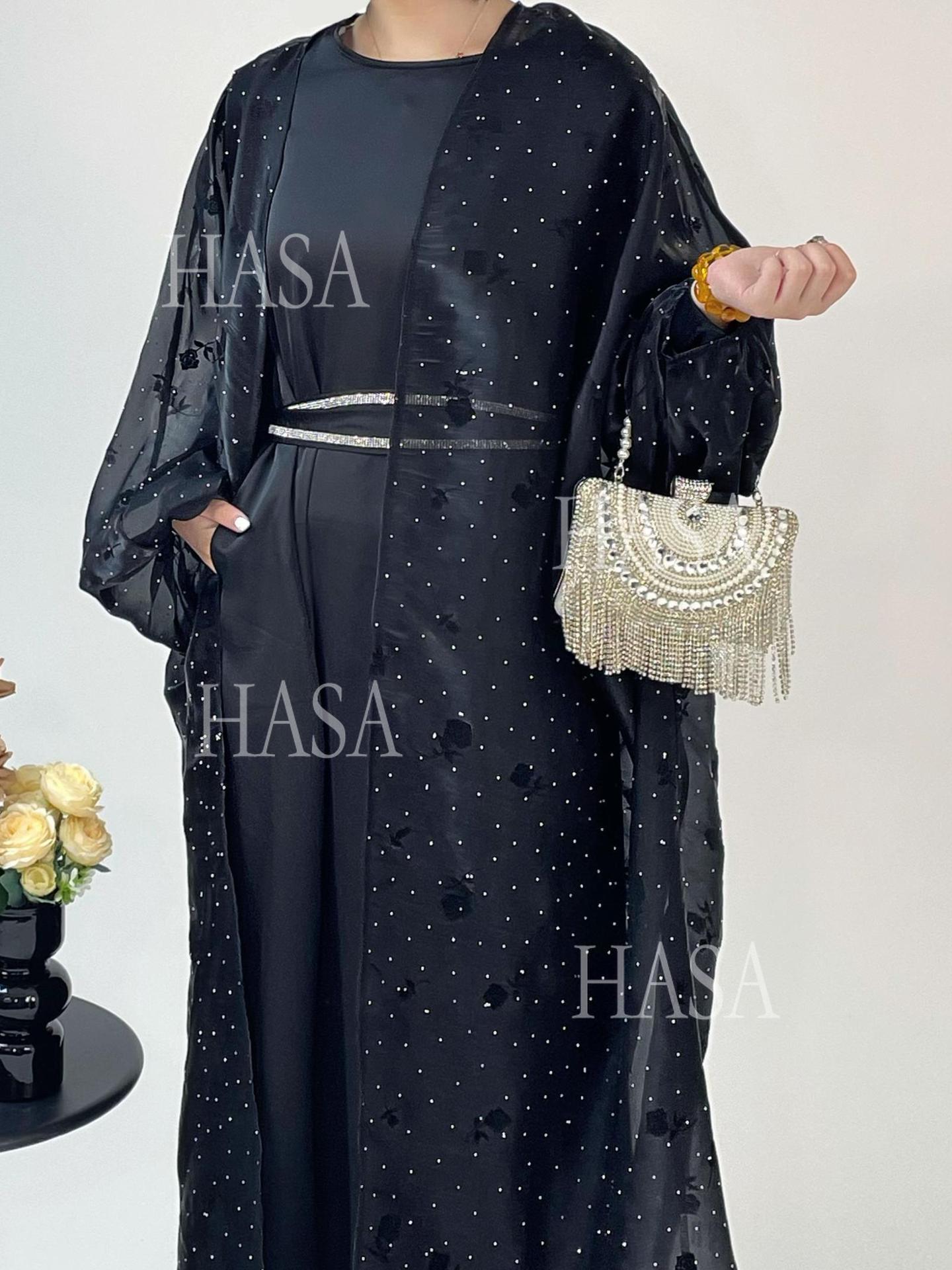 HA6536 Elegant Rose Pattern Abaya Outer Dress Set