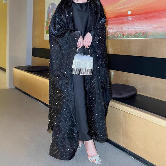 HA6540 Elegant Rhinestone Abaya Two-Piece Set with Outer Cape