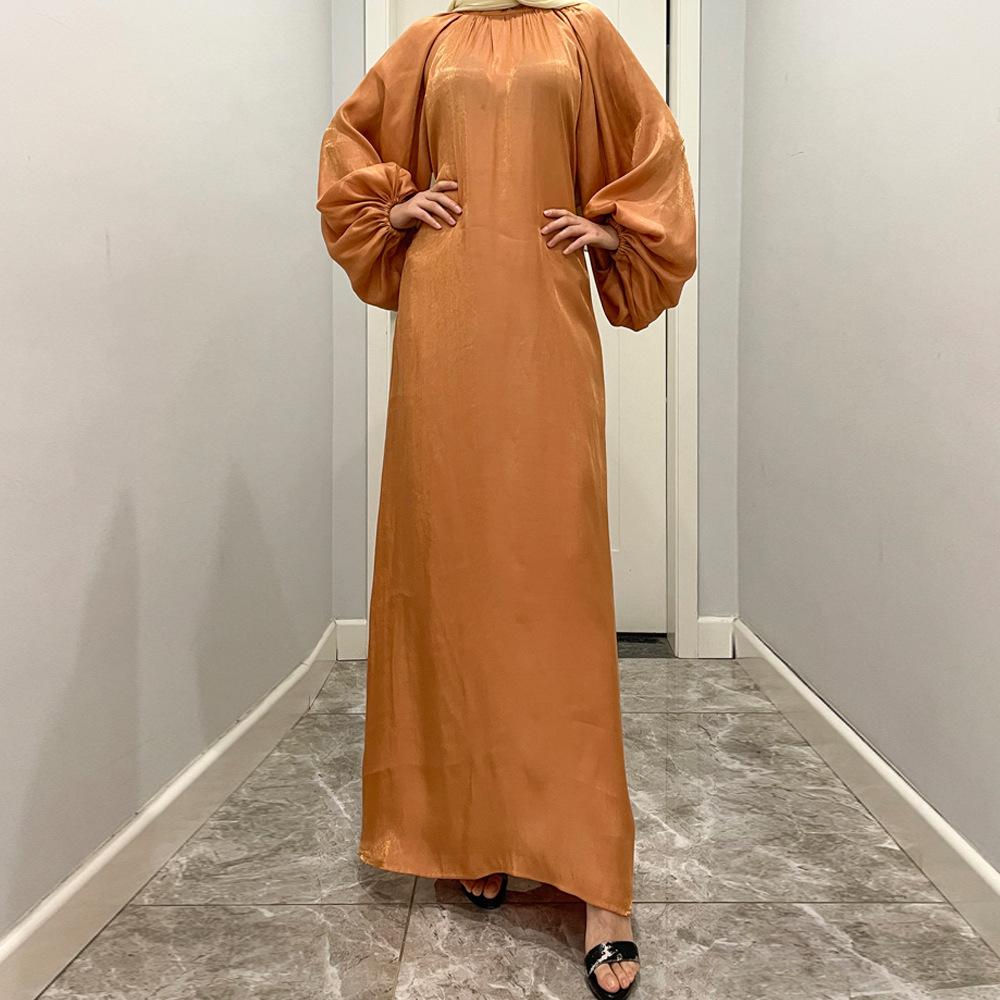 HAYA10043 HAYA  Large Lantern Sleeves Long Bright Silk Dress Stand Up Collar Back Tie Women's Dress Abaya