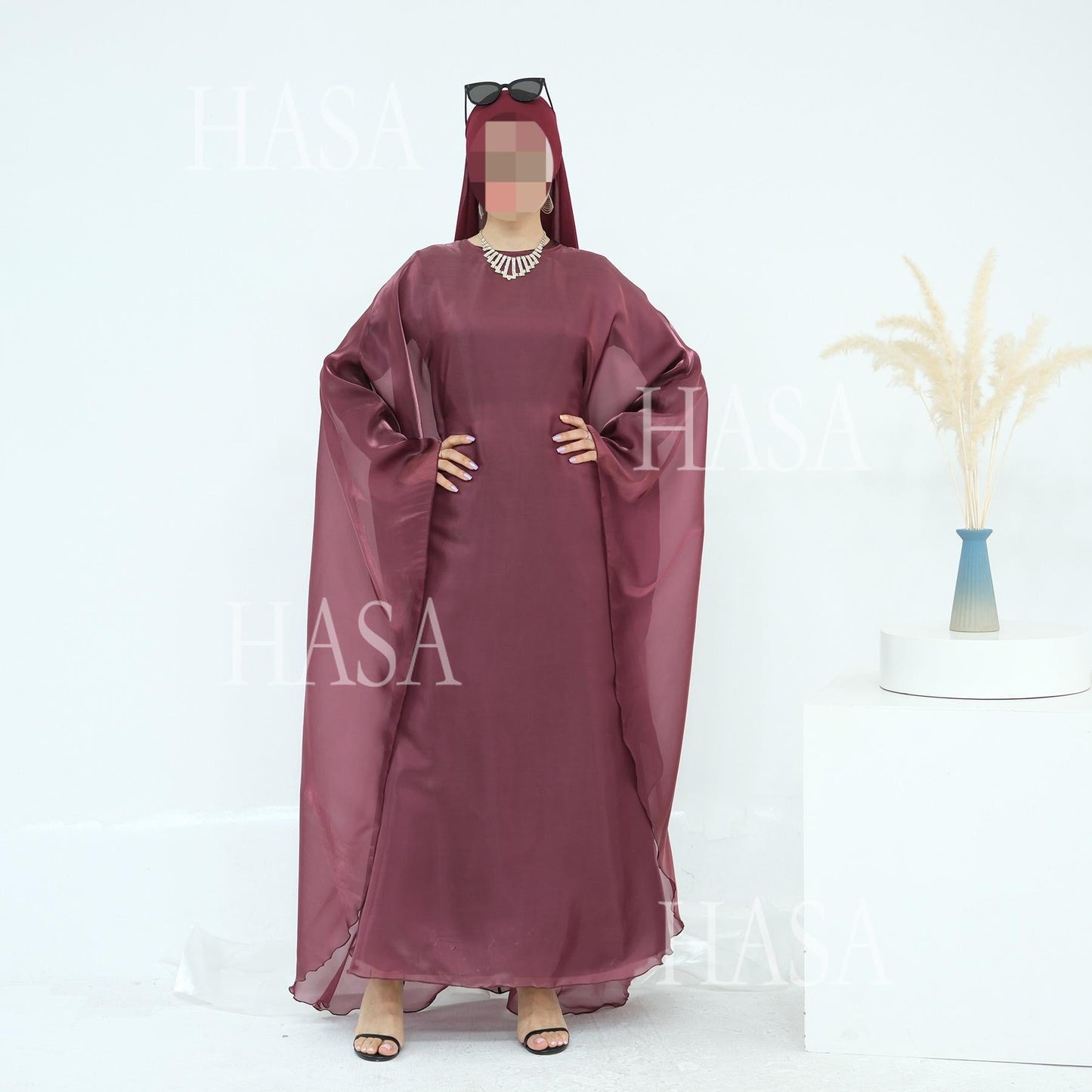 HA6524 Elegant two-piece solid-color robe and dress with optional headscarf