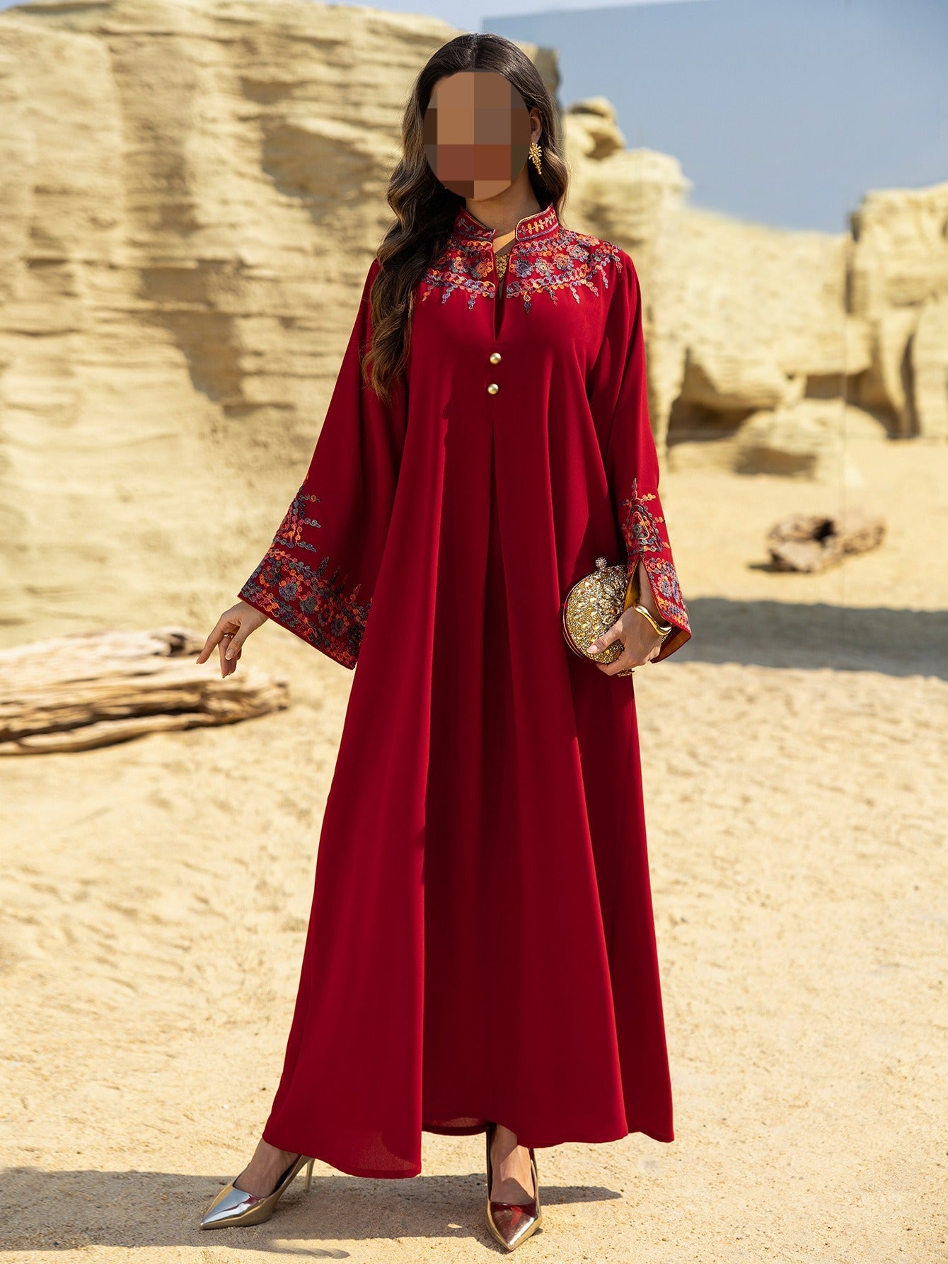 HA6655 Embroidered loose-fitting long dress | Soft drape and delicate cuff design