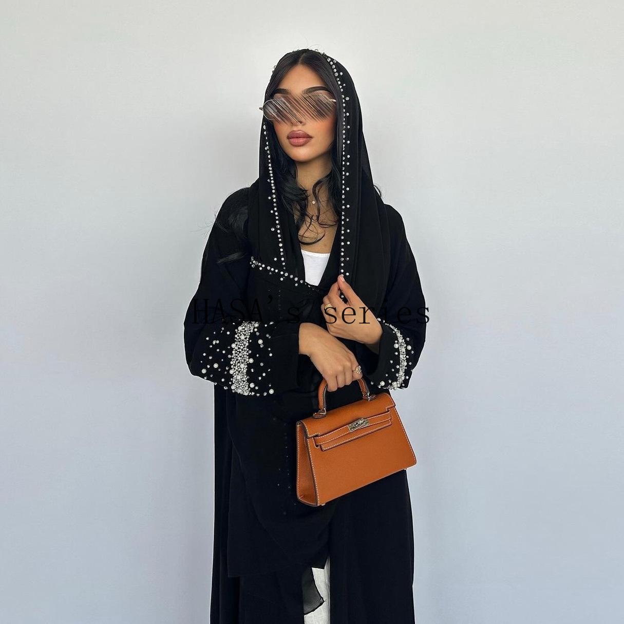 HS5097 Elegant Black Rhinestone-embellished Gown, Two-piece Beaded Set with Headscarf.
