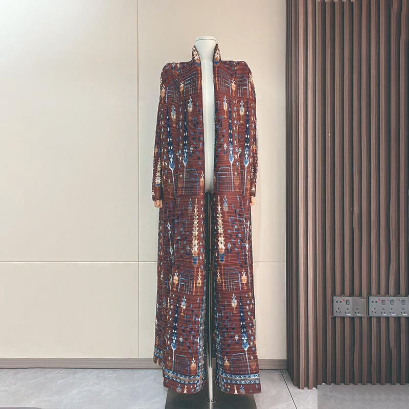 HS5848 Retro Brown Textured Open-front Long Coat