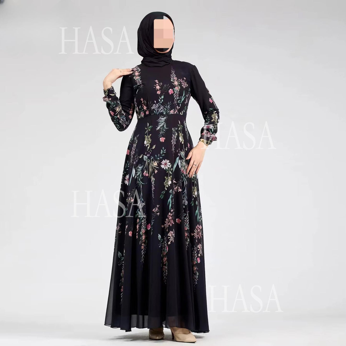 HA6531 Chiffon Printed Ankle-Length Maxi Dress with Long Sleeves
