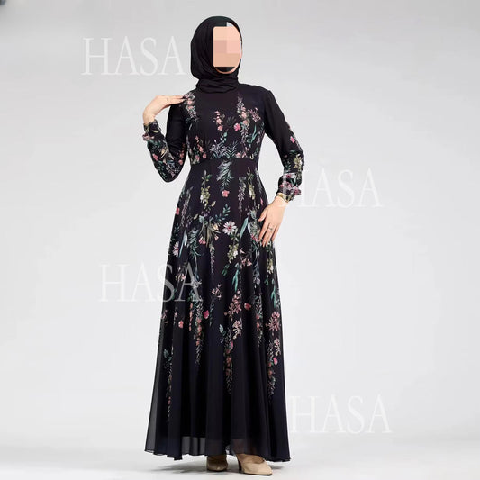 HA6531 Chiffon Printed Ankle-Length Maxi Dress with Long Sleeves