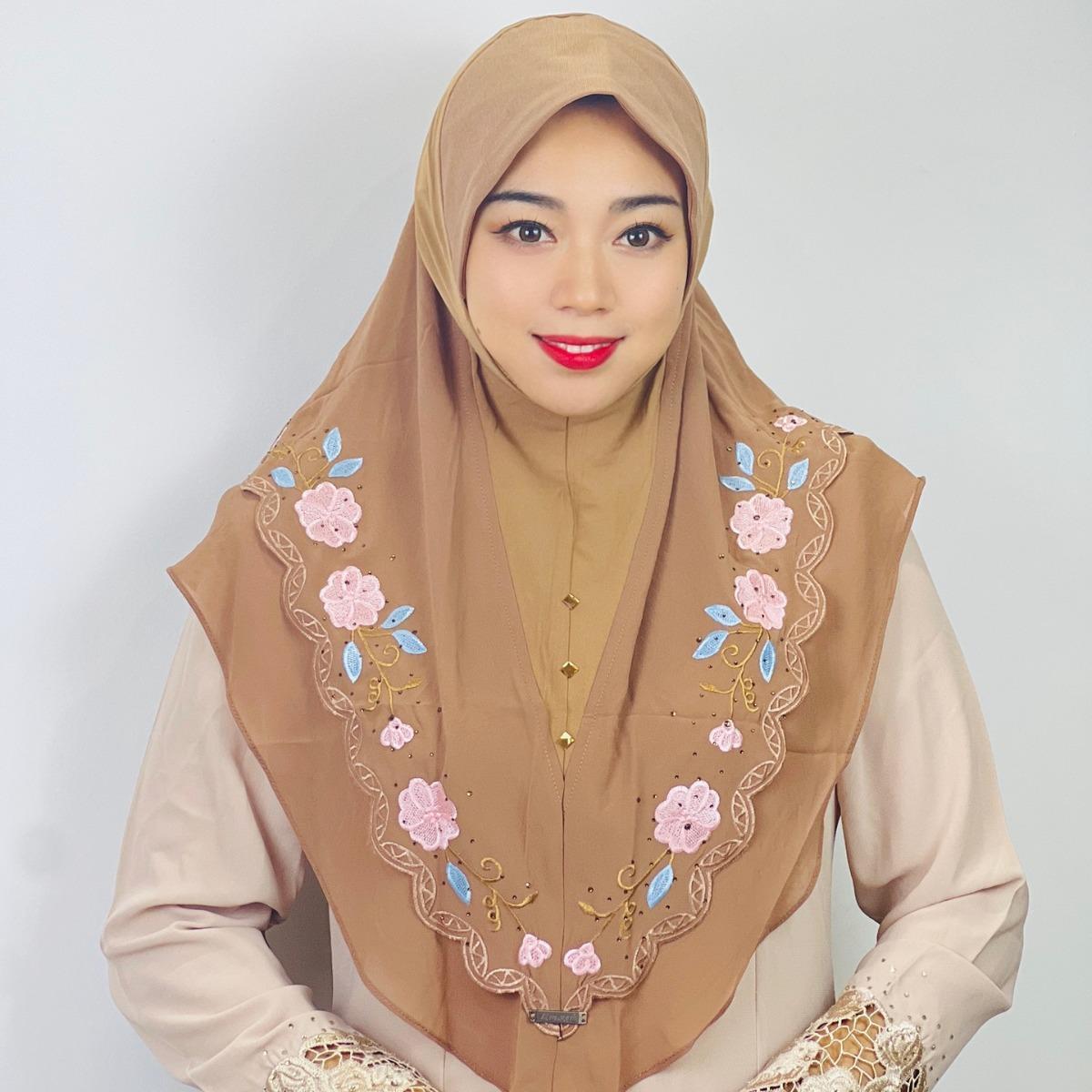 HAYA HA1105 Double Layered Floral Embroidered Lace Headscarf for Women