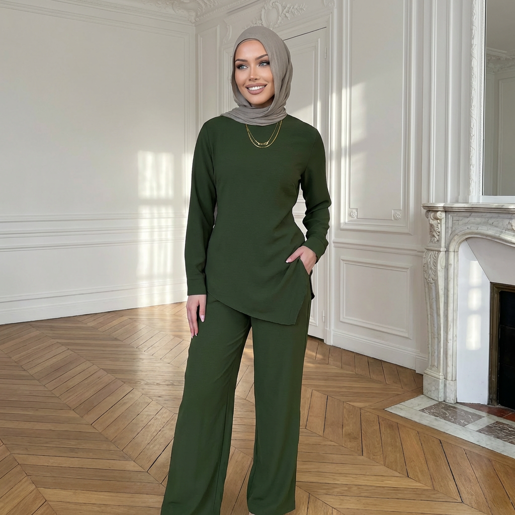 HA6614 Modest Nida Two-Piece Set with Waist Tie & Pocket Trousers