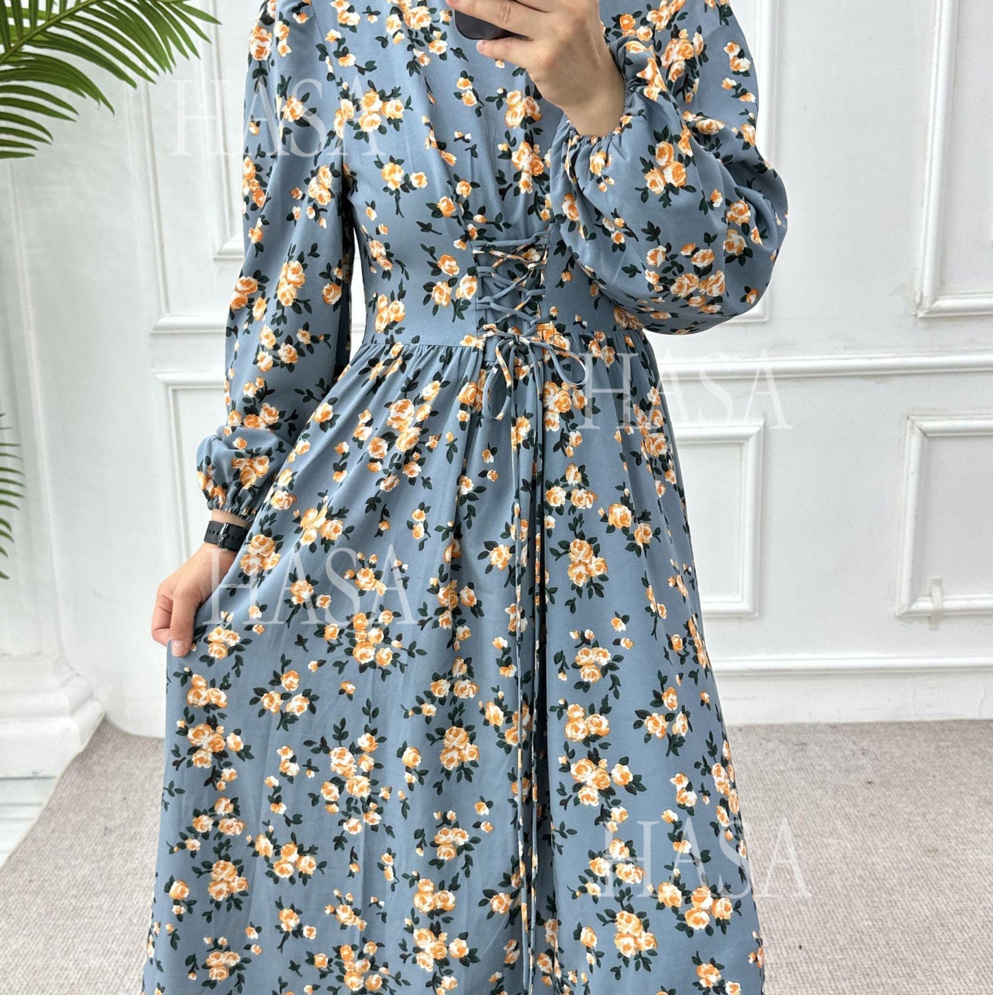 HA6489 Long-sleeved Floral Maxi Dress with Natural Waist