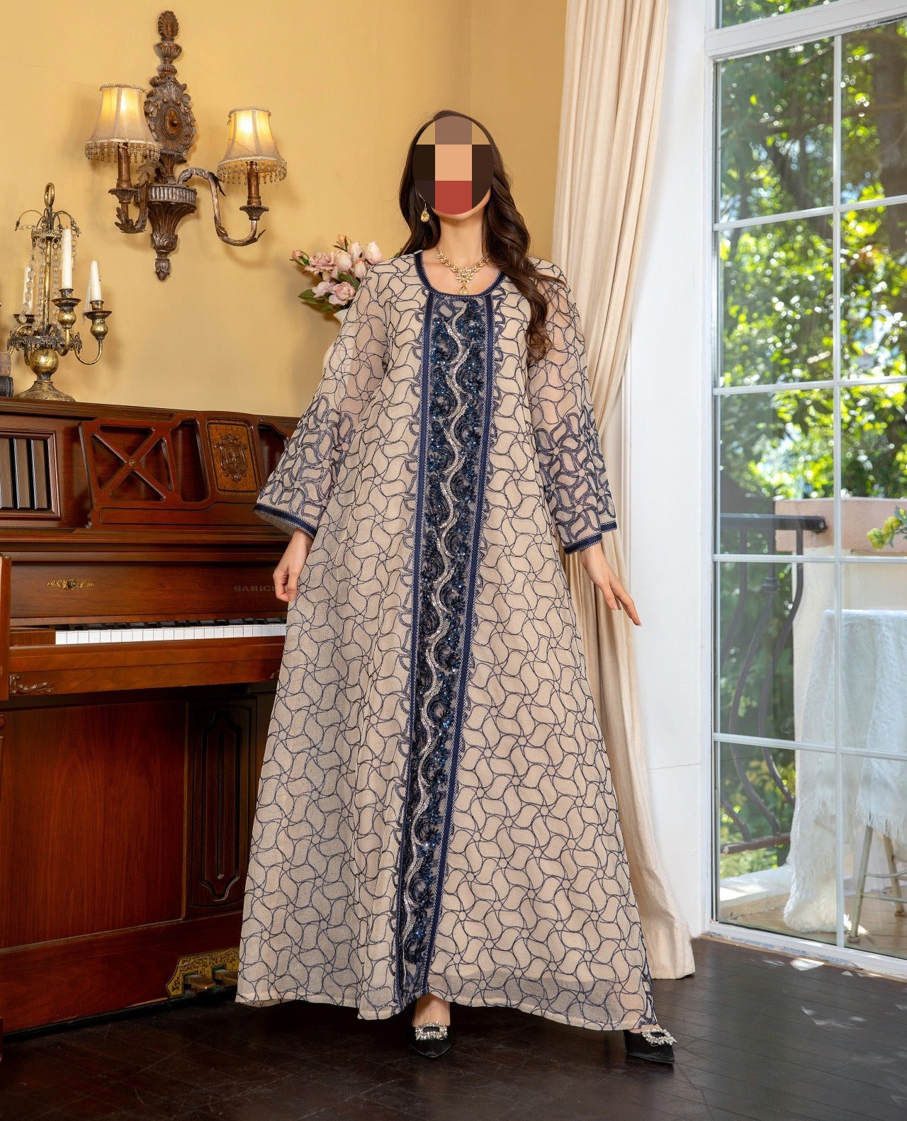 HA6668 A Simple and Elegant Long Dress Adorned with Mesh Embroidery.