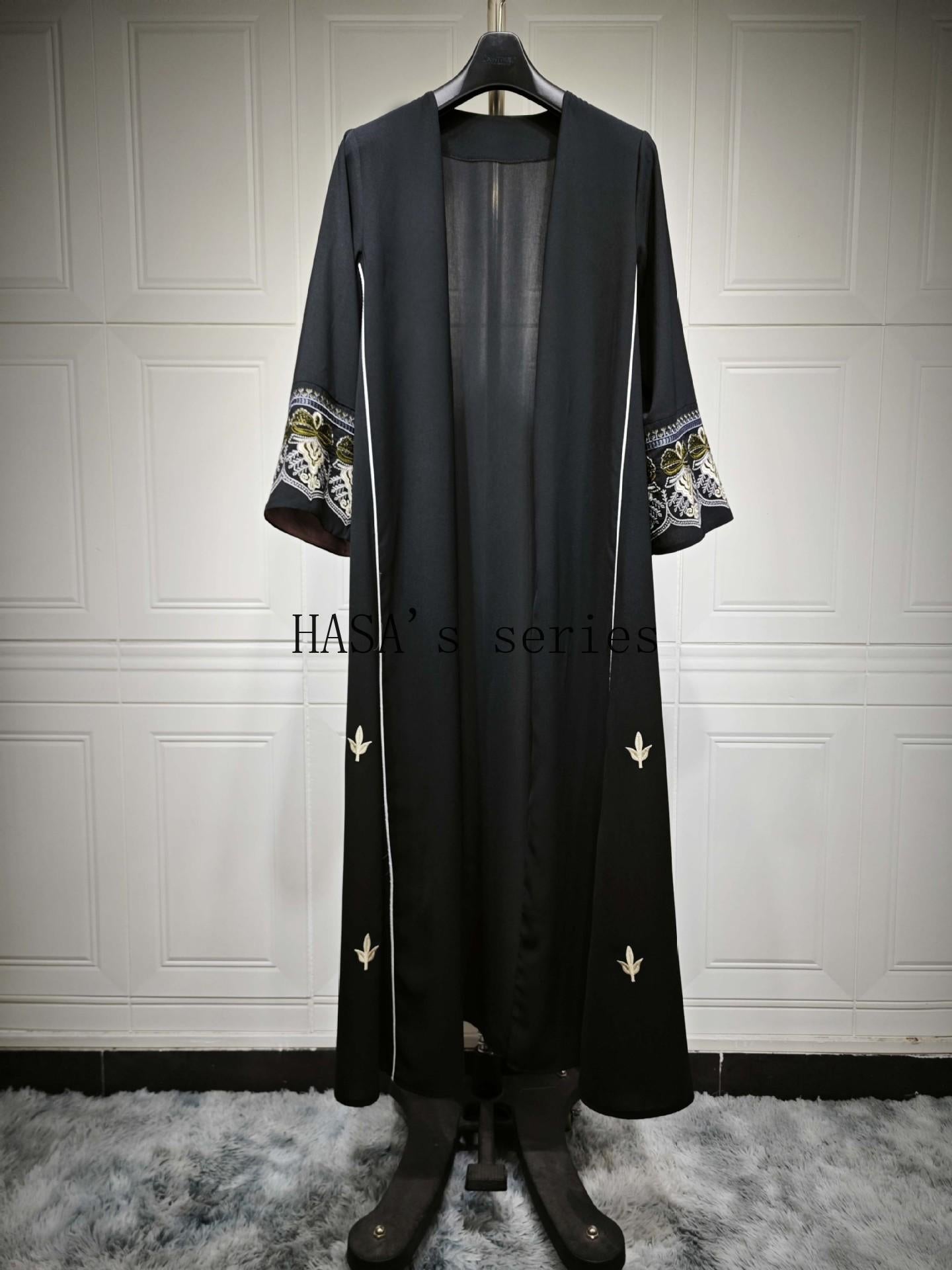 HS5090 Classic black embroidered patchwork robe, designed as a loose, open-front dress.