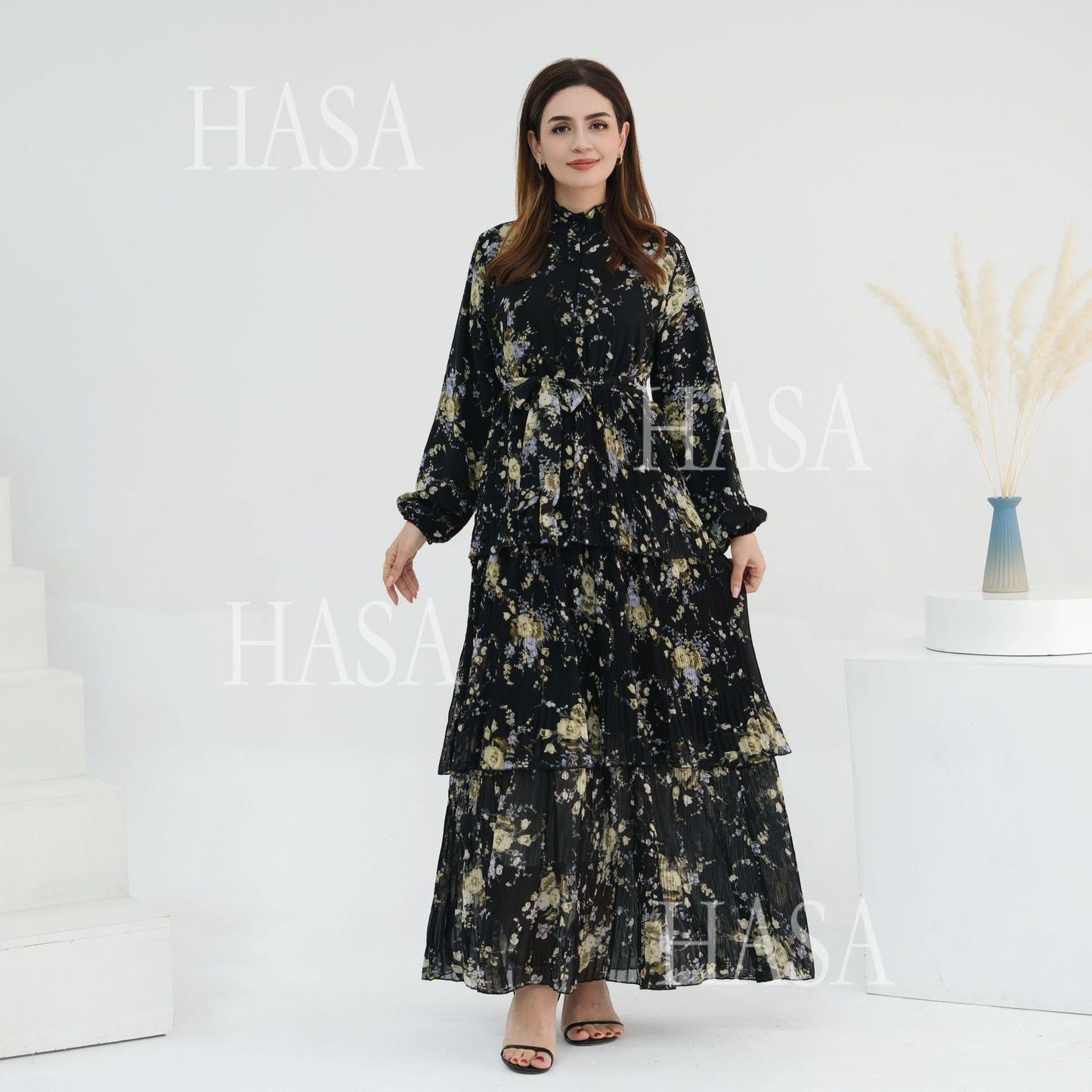 HA6500  Romantic Layered Print Long Dress