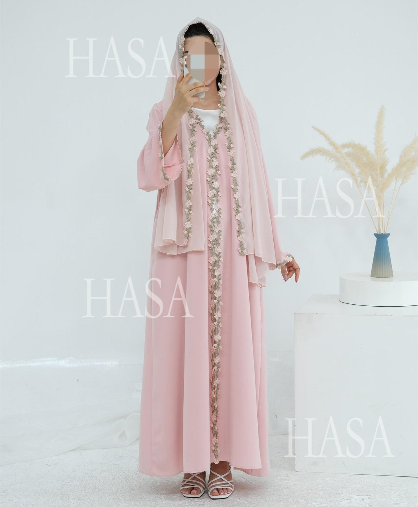 HA6618 Pink Flower Stitching Cardigan Two-Piece Set (Including Headscarf)