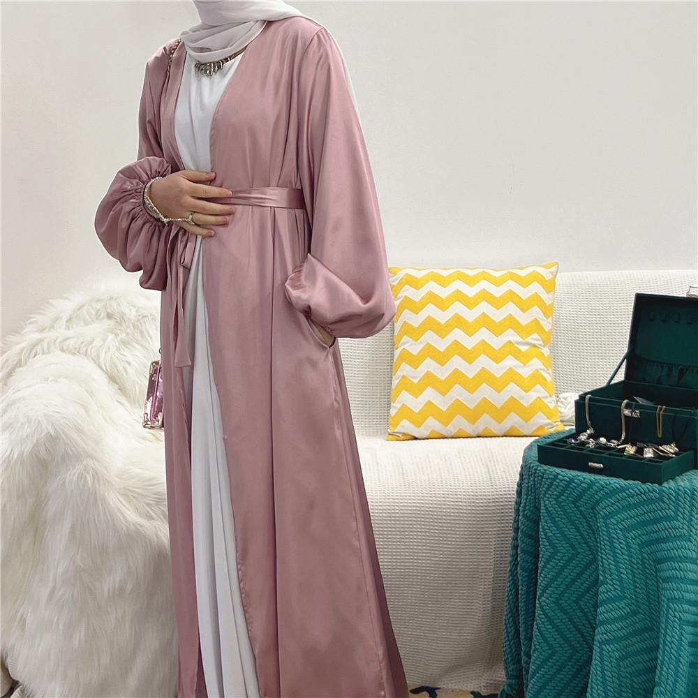 HAYA0481 Solid Color Satin Coat Robe Open Abaya