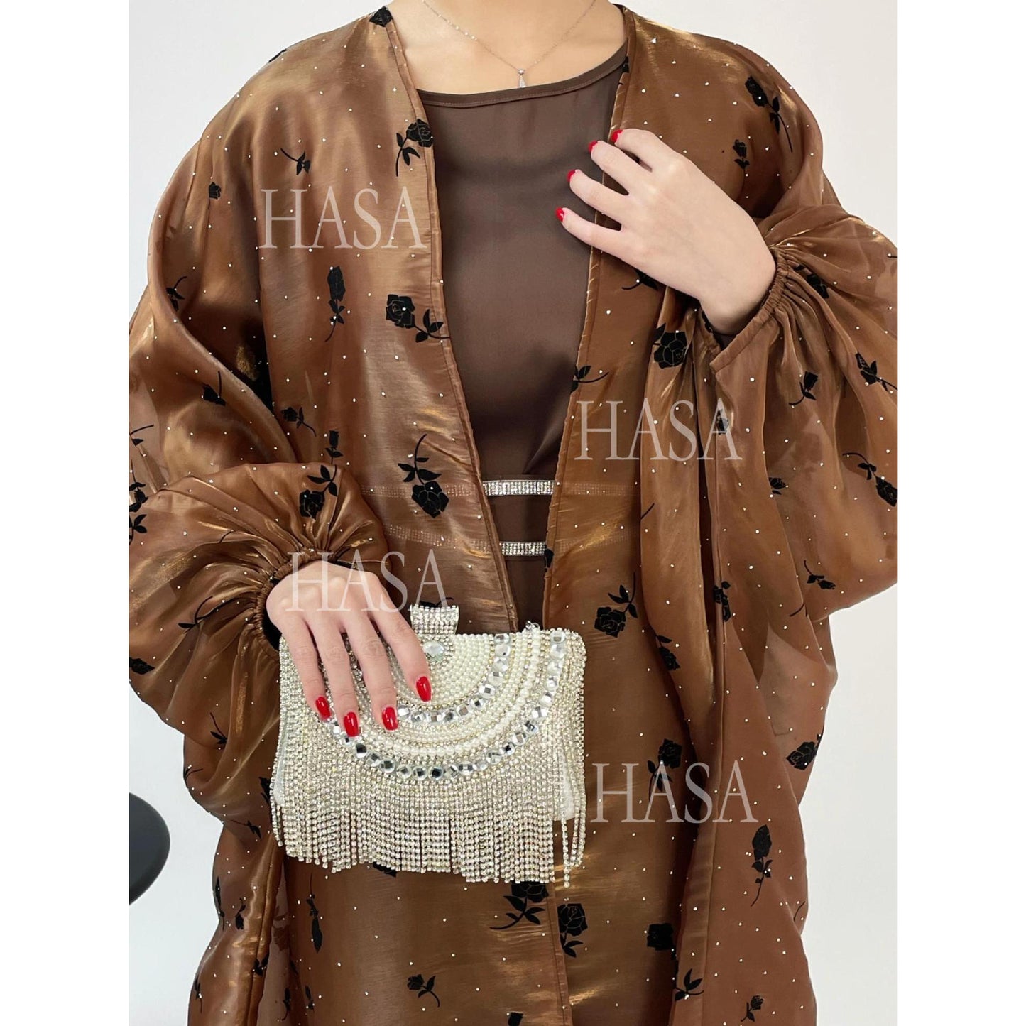 HA6536 Elegant Rose Pattern Abaya Outer Dress Set