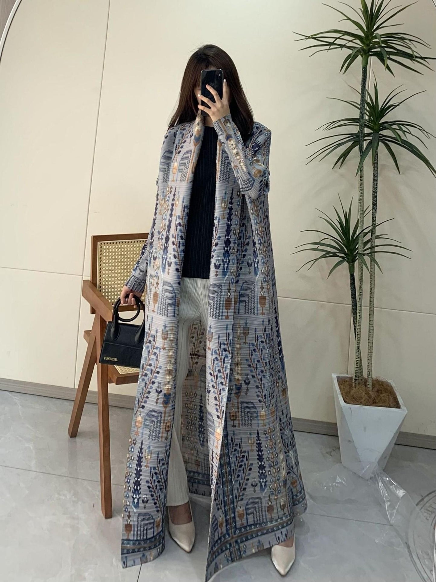 HS5842 Vintage-style Textured Open-front Long Coat
