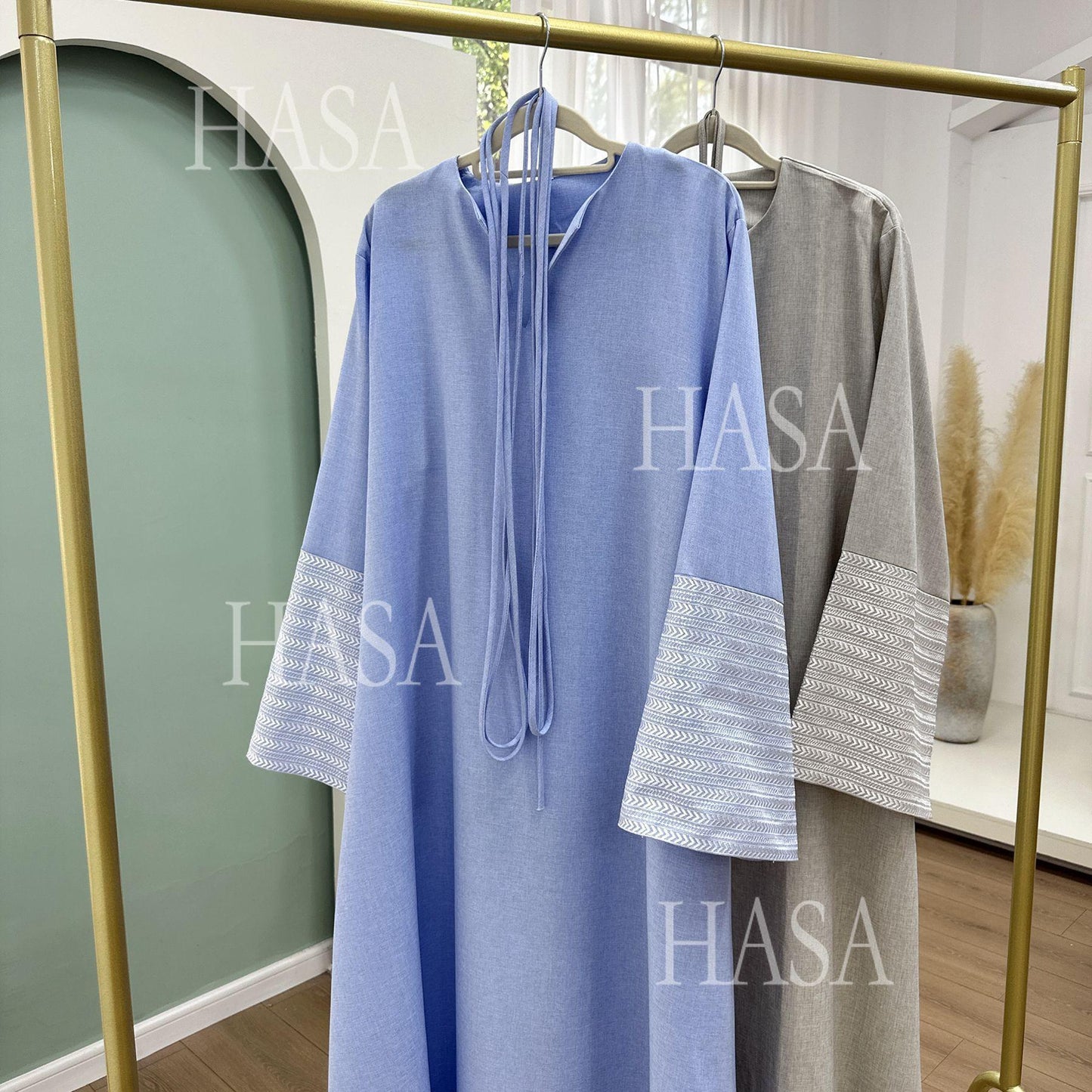 HA6490 Embroidered Panel Sleeve Long Dress