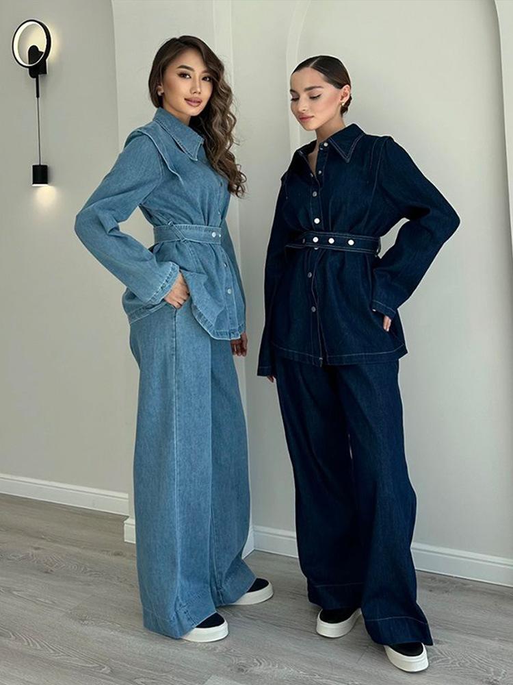 HA5890 Completo in Denim Lavato Primaverile Per Donne Con Cintura, Giacca Monopetto A Maniche Lunghe E Pantaloni A Vita Alta