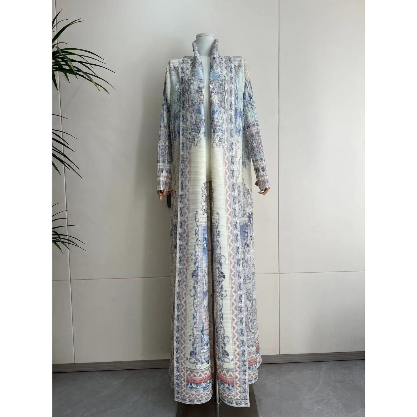 HS5840 Light-colored, All-over Print, Open-front Long Coat