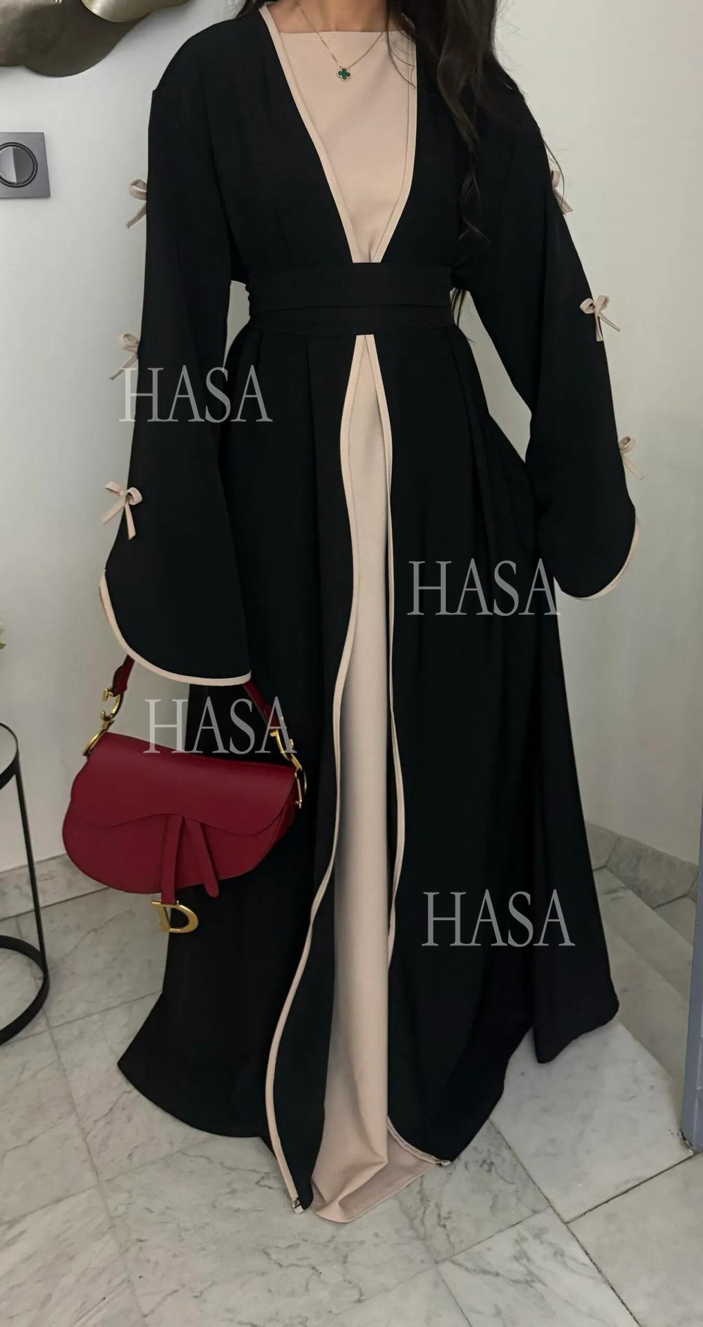 HA5862 Elegant Wavy-edge Bow Robe (with Belt) for A Feminine Look