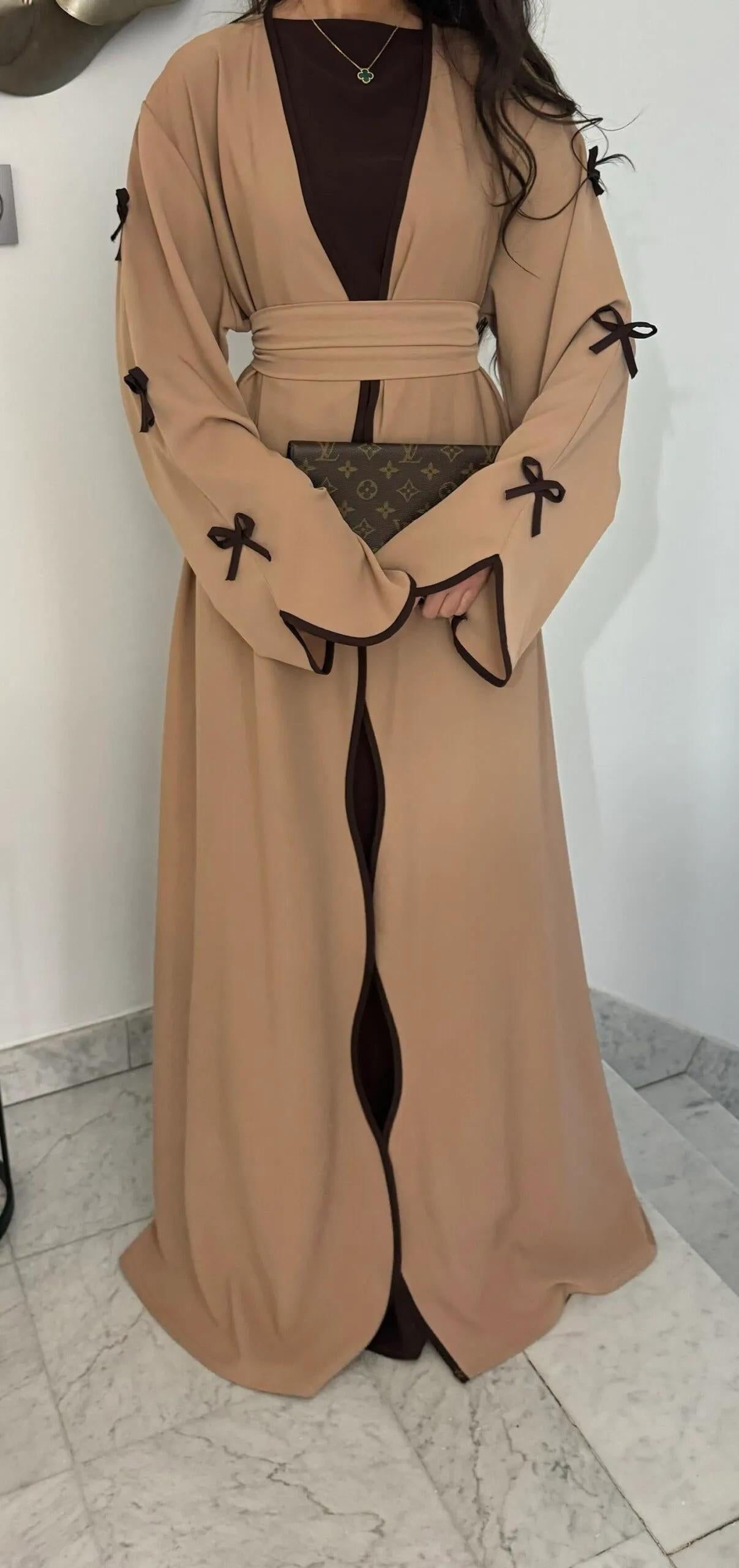HA5883  A Two-piece Robe and Skirt Set with A Soft Bow and A Belt Design open abaya outfit