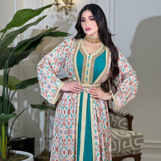 HA6644 Two-piece rhinestone-embroidered robe with understated luxury embroidery design