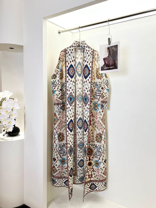 HS6720  White Abaya with Vibrant Multicolor Prints