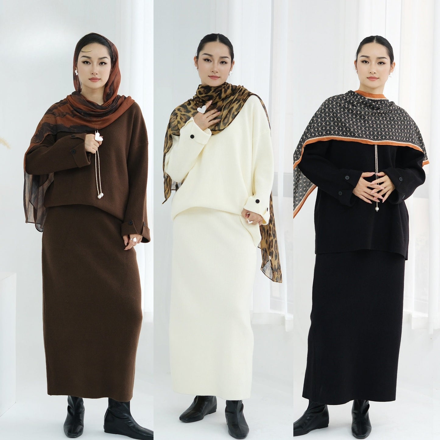 HA6601 Autumn and Winter Thickened Knitted Suit Solid Color Two-piece Skirt Suit (optional Headscarf)