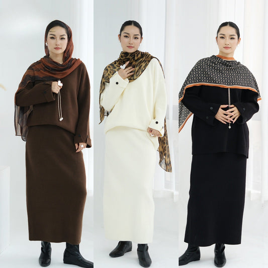 HA6601 Autumn and Winter Thickened Knitted Suit Solid Color Two-piece Skirt Suit (optional Headscarf)