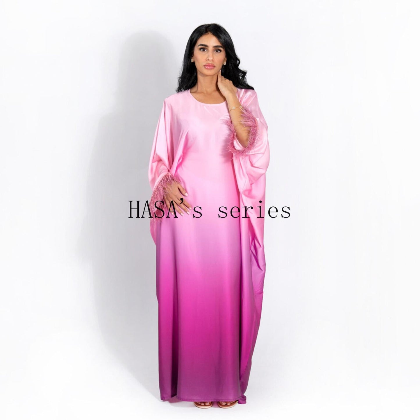 HS5111 Gradient-colored Fringed Long Dress, Romantic Dress with Batwing Sleeves.