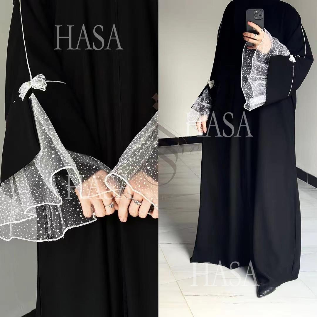 HASA's series HA6563 Elegant Lace Paneled Bow Cuff Robe Dress