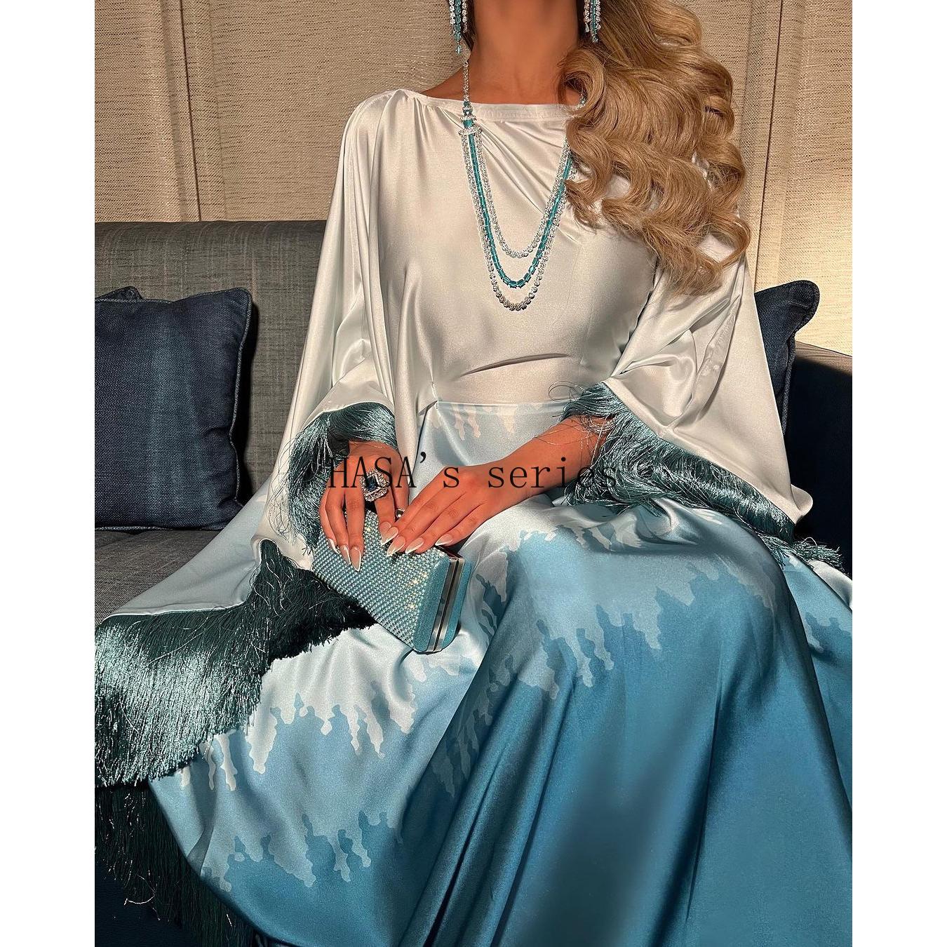 HS5095 Romantic Gradient Fringed Robe, Elegant Printed Long Dress