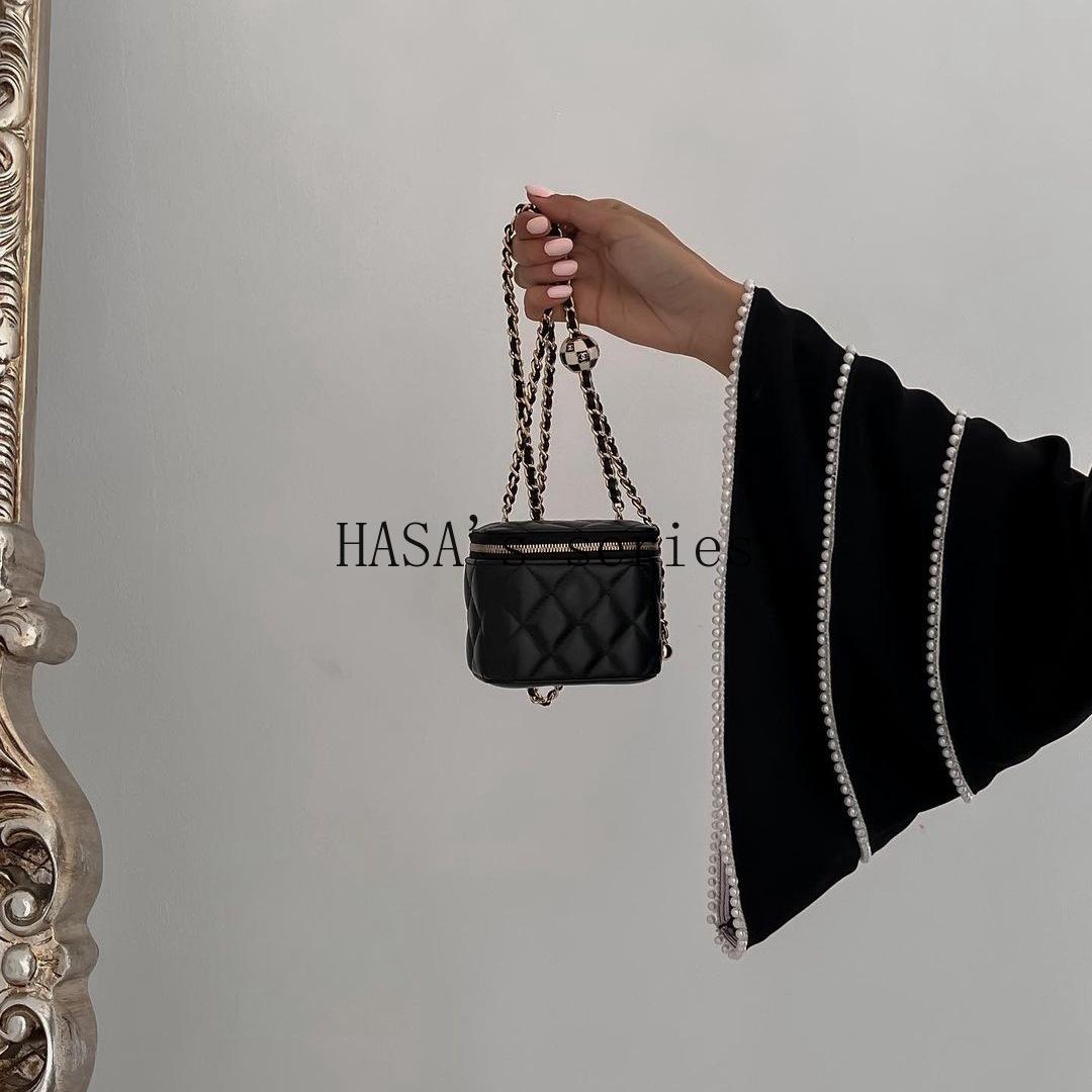 HS5093 Elegant black cardigan-style long robe with wide sleeves and a round-neck dress design featuring beaded embellishments.